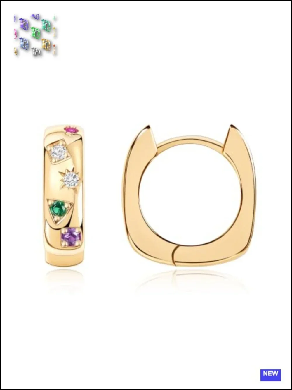 14K Gold Plated Chunky Huggie Earrings Multi-Colored Cubic Zirconia Statement